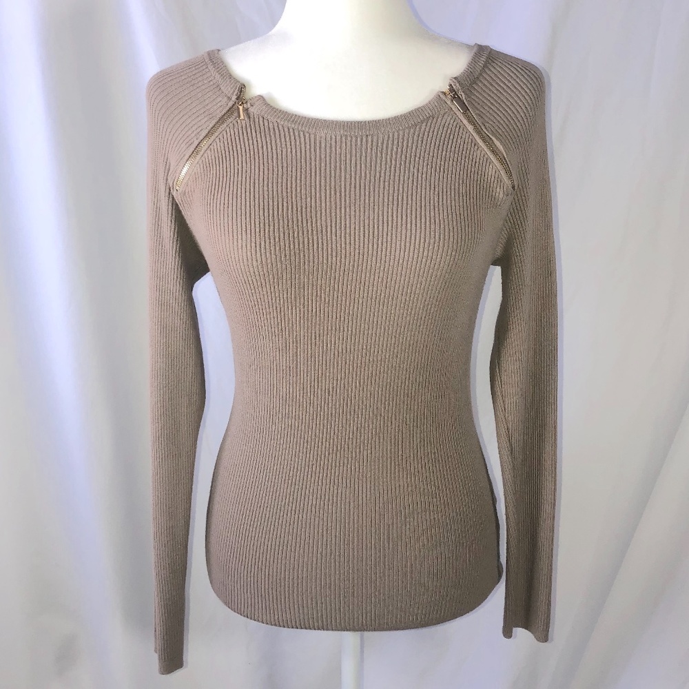 Light Brown/Tan & Gold Zipper Ribbed Sweater